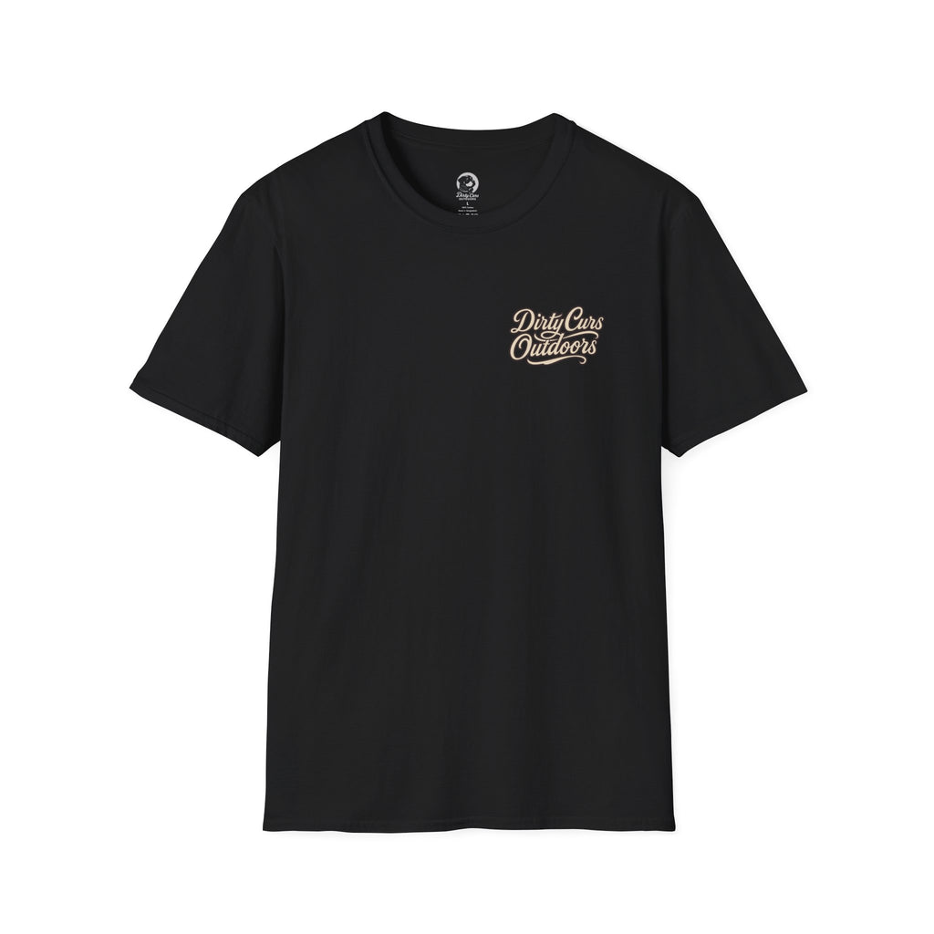 Black t-shirt with 'Dirty Cars and Outdoors' text on a white background