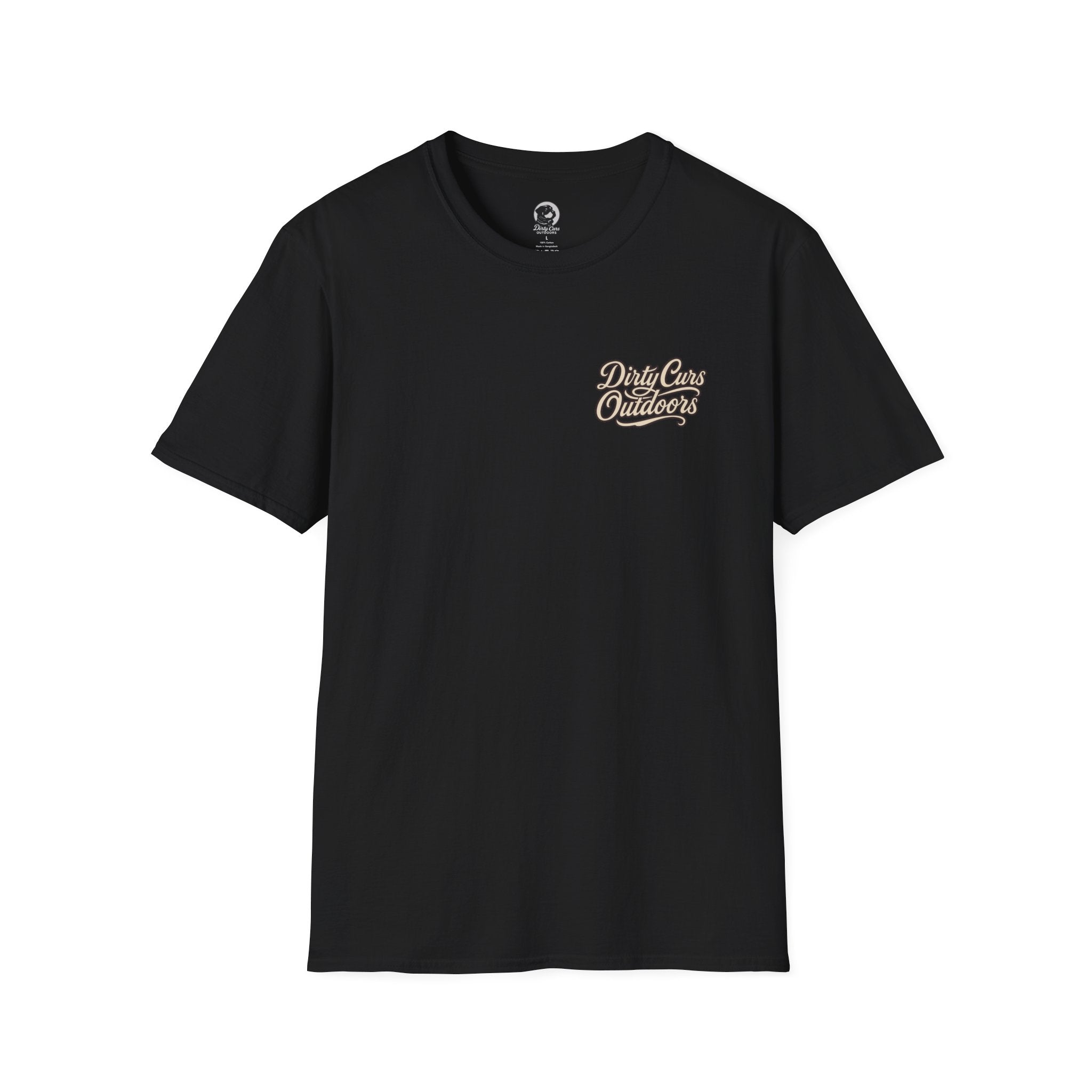 Black t-shirt with 'Dirty Cars and Outdoors' text on a white background