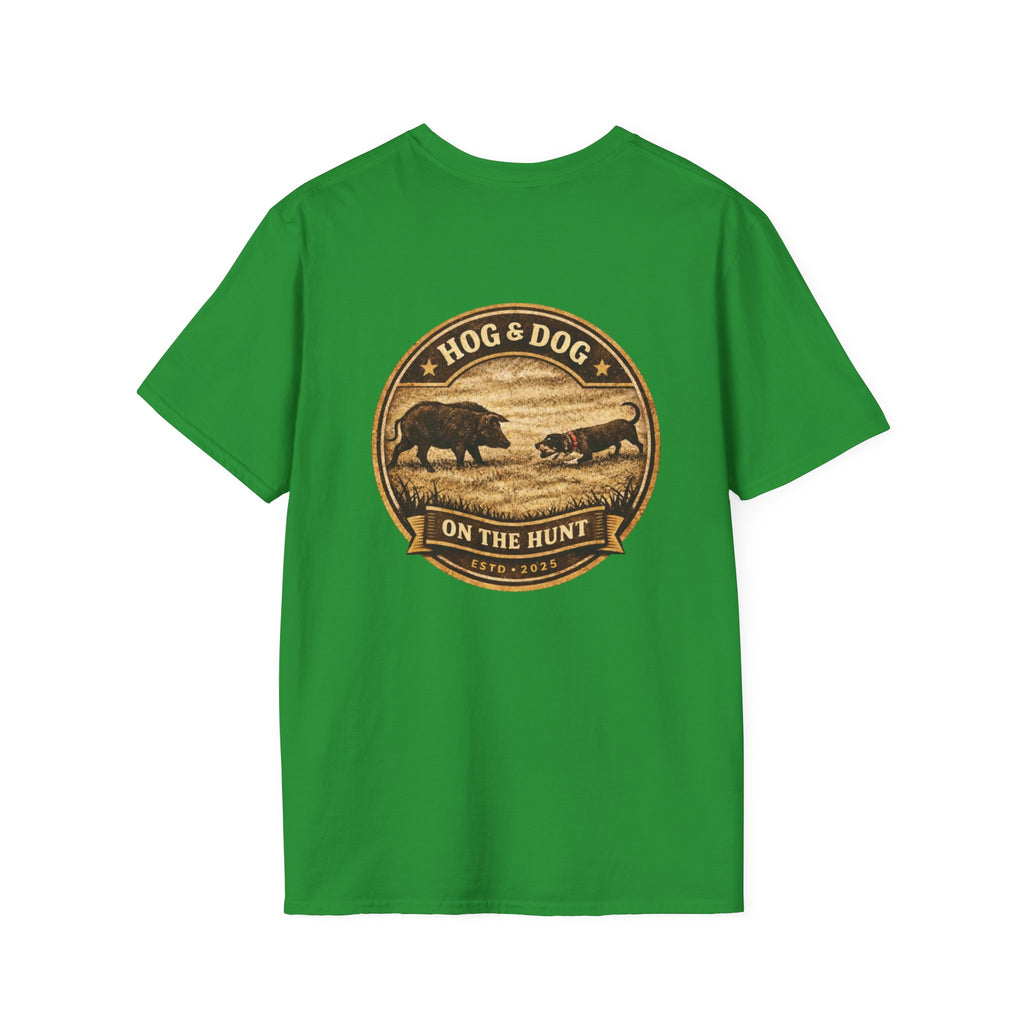 Hog & Dog Hunting Graphic T-Shirt — "On the Hunt" Vintage Badge